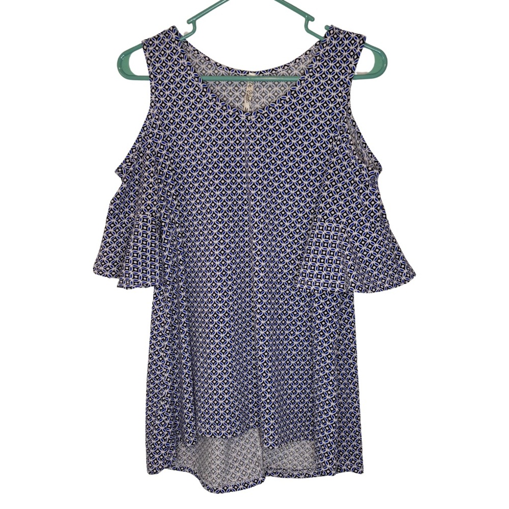 3/$20 Da Moda Blue Patterned Cold Shoulder Blouse